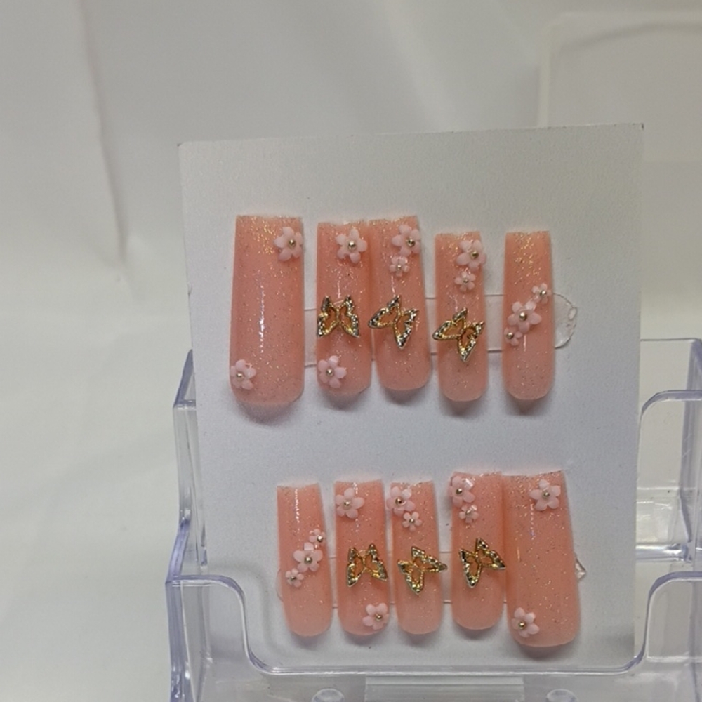 Peach Floral and Butterfly Nail Set